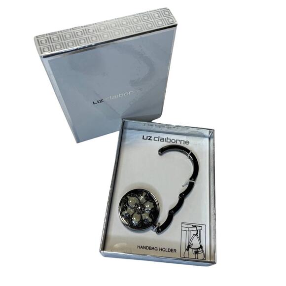 Liz Claiborne Accessories - Liz Claiborne Handbag Holder Hook Silver Tone Floral Flower Rhinestone NWT
